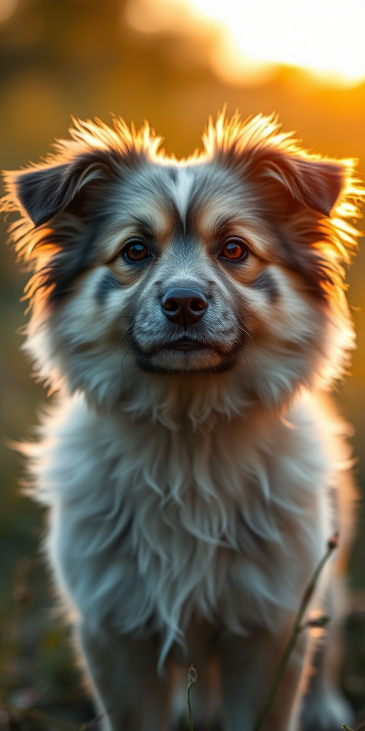 high-quality portrait of a fluffy dog in a natural setting, with soft focus background, golden hour lighting, camera settings: aperture f/2.8, ISO 100, shutter speed 1/500, camera view: eye level, camera style: realistic, camera type: DSLR