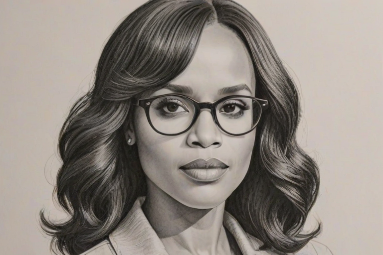 Fetching Kerry Washington, pencil sketch, portrait of Lovely woman 1977s in glasses, hair style beatnik, outline, clear lines, fine lines, 8k