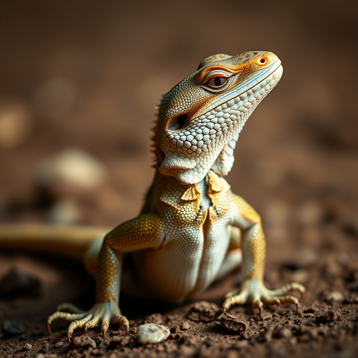 Generate a highly detailed image of a lizard sitting upright, with a sharp focus on the textures of its skin and scales, using a DSLR camera, 50mm lens, f/2.8 aperture, ISO 100, 1/200 sec shutter speed, macro view, soft natural lighting for enhanced quality.