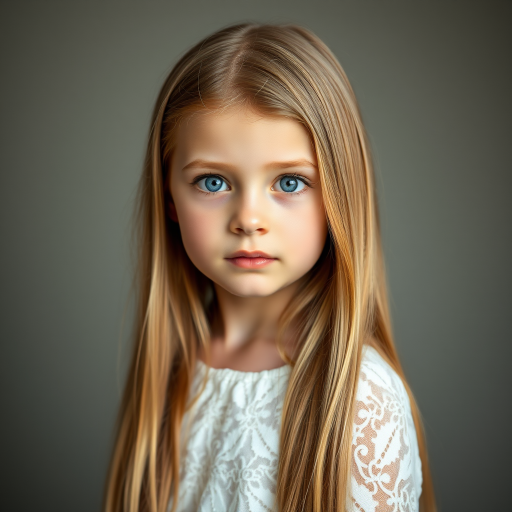portrait of a young girl with long straight blonde hair and blue eyes, wearing a white lace dress with soft lighting, shallow depth of field, aperture f/2.8, ISO 100, 85mm lens, taken with a DSLR camera, natural skin tones and smooth texture, soft gradient background