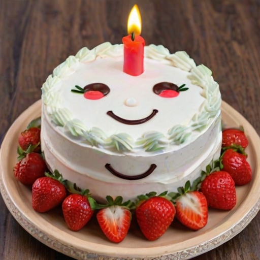 Create an image of a cheerful birthday cake with two layers. The cake is decorated with whipped cream, fresh strawberries on top, and a single candle. It has a cute smiling face drawn on the front and is placed on a decorative plate. Surround the cake with some strawberries and greenery for a festive look.
