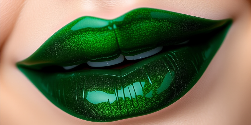 Mysterious Emerald Envy lip color featuring a deep green hue, glossy finish, and color-changing properties, ideal for daring and unconventional makeup looks