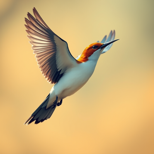 Generate a stylized illustration of a bird in flight with flowing lines and soft colors, using a Canon EOS R5, 50mm lens, f/2.8 aperture, ISO 100, with a shallow depth of field and natural lighting to enhance the details and colors.