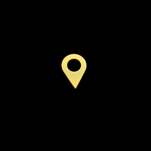 Create a minimalist logo design of a location pin in a shiny gold color on a solid black background, captured with a Canon EOS R5, 50mm lens, f/1.8 aperture, ISO 100, using a macro photography style to enhance details and texture.