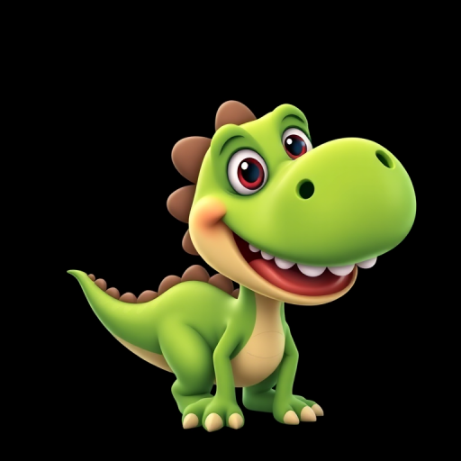 Create a high-resolution, cartoon-style image of a cute green dinosaur with a big smile and exaggerated features, using a digital camera with a 50mm lens, f/1.8 aperture, ISO 100, and a shallow depth of field for vivid colors and sharp details against a solid black background.