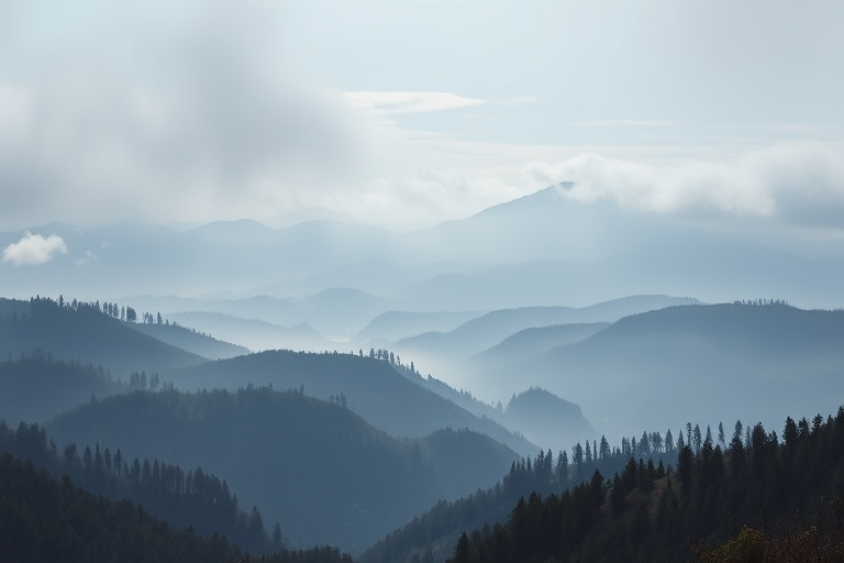 Create a misty mountain landscape with layers of soft hills and atmospheric clouds, captured with a Canon EOS R5, 35mm lens, f/8 aperture, ISO 100, in a wide-angle view for depth and detail.