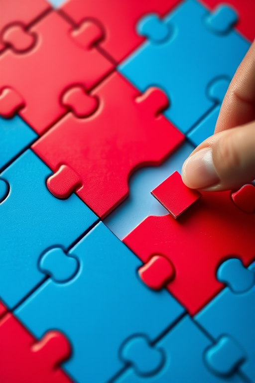 Create a high-resolution image of a colorful jigsaw puzzle with red and blue pieces, featuring a hand placing a red piece in an empty spot on the right; use a Canon EOS R5 camera with a 50mm lens, aperture set at f/2.8, ISO 100, and a soft, diffused lighting setup for enhanced color vibrancy and clarity.