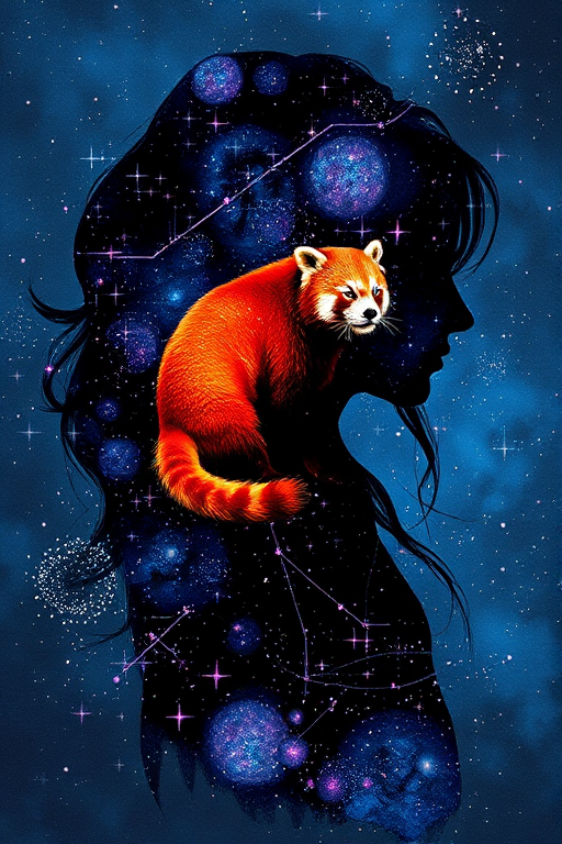 Captivating conceptual render alcohol ink art, double exposure, the paint strokes artfully merge combining a woman's full silhouette with a Radiant red panda's silhouette. The figures are composed of a series of colored dots, lines & spots that evoke the image of a cosmic galaxy, colors are deep shades of blue purple & black with flashes of white & silver representing distant stars. The woman's silhouette is formed within the lion's silhouette from constellations of scattered stars, surreal