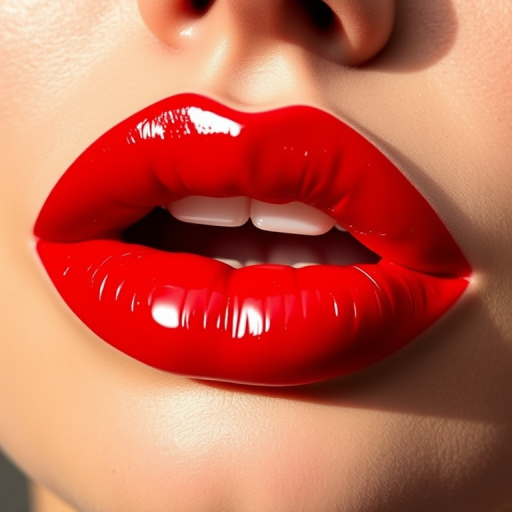 Luscious ruby red lips with a glossy finish, plump and full, exuding sensuality and elegance, perfectly shaped with a defined Cupid's bow, reflecting light for a glamorous appearance