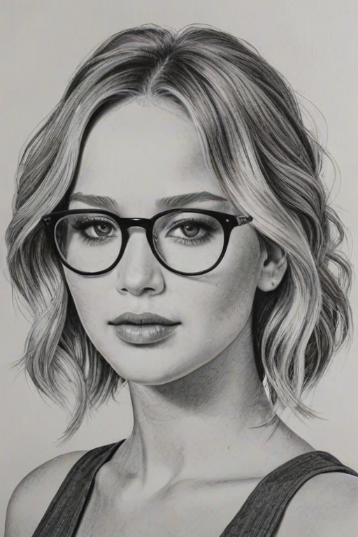 Stunning Jennifer Lawrence, pencil sketch, portrait of Beauteous woman 1974s in glasses, hair style beatnik, outline, clear lines, fine lines, 8k