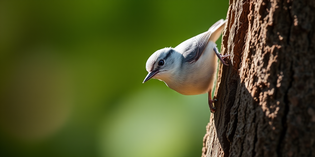 Capture a close-up shot of a nuthatch perched on a tree trunk with a blurred background, using a DSLR camera at f/4 aperture, ISO 200, shutter speed 1/500 sec, with a 200mm lens, focused on the bird with natural sunlight illuminating its feathers.