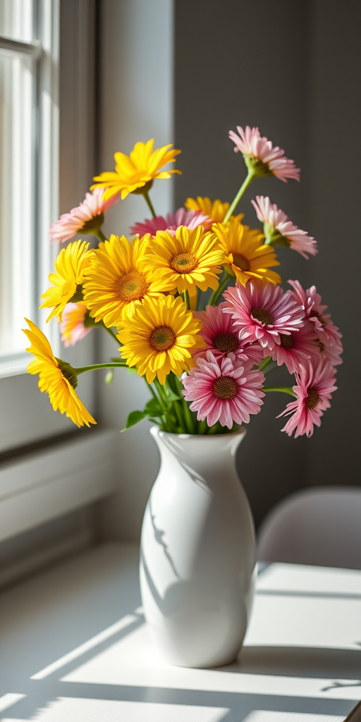 A bright and vibrant still life of a white vase filled with colorful flowers including yellow daisies and pink asters, natural light from a window creating soft shadows, with a shallow depth of field, shot with a Canon EOS R5 at f/2.8, ISO 100, 50mm lens, soft focus on the flowers with a well-defined background.