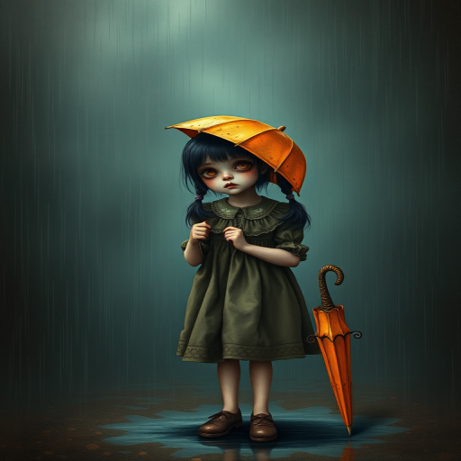 An eerie, weird little girl with dark hair in thin pigtails, wearing a smock dress, standing in the rain, holding a dirty orange umbrella, a small, odd creature beside her. In a surreal style inspired by Nicoletta Ceccoli and Brian Froud. Dark fantasy themes