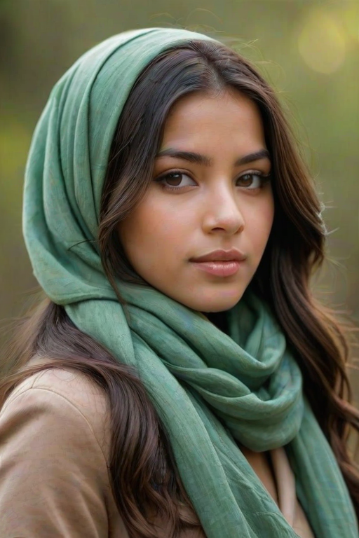 Create a portrait of a young Latino woman with long, dark hair and captivating hazel eyes. She is wearing a green headscarf and a matching scarf draped gracefully around her neck. The background is softly blurred, focusing attention on her serene and natural expression. The overall color palette is muted and warm, enhancing the intimate and authentic feel of the portrait.