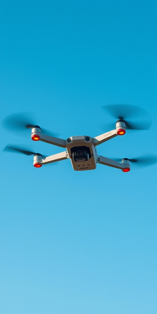 Generate an image of a sleek, modern drone in flight against a clear blue sky, captured using a DSLR camera with a 50mm lens at f/2.8, ISO 100, shutter speed of 1/1000s, in a high-angle view to emphasize its dynamic movement.
