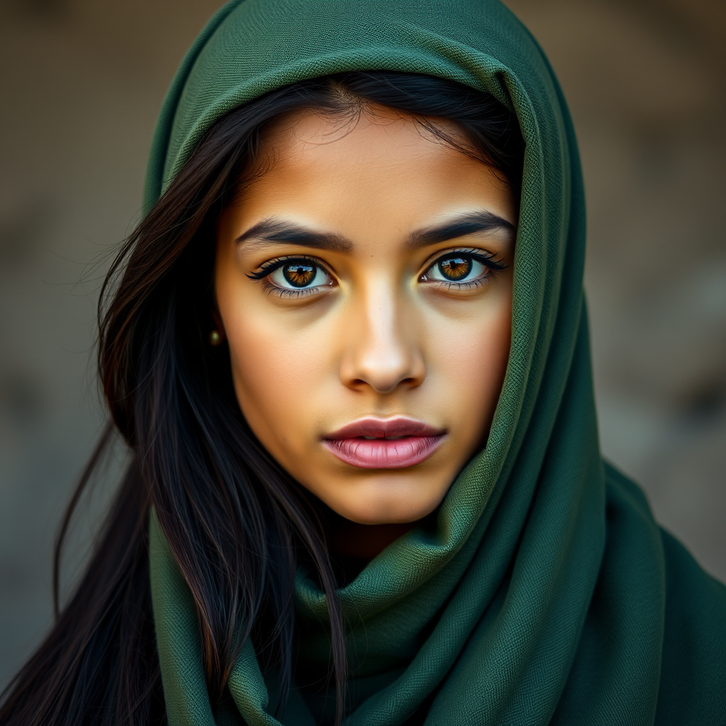 Create a portrait of a young Latino woman with long, dark hair and captivating hazel eyes. She is wearing a green headscarf and a matching scarf draped gracefully around her neck. The background is softly blurred, focusing attention on her serene and natural expression. The overall color palette is muted and warm, enhancing the intimate and authentic feel of the portrait.
