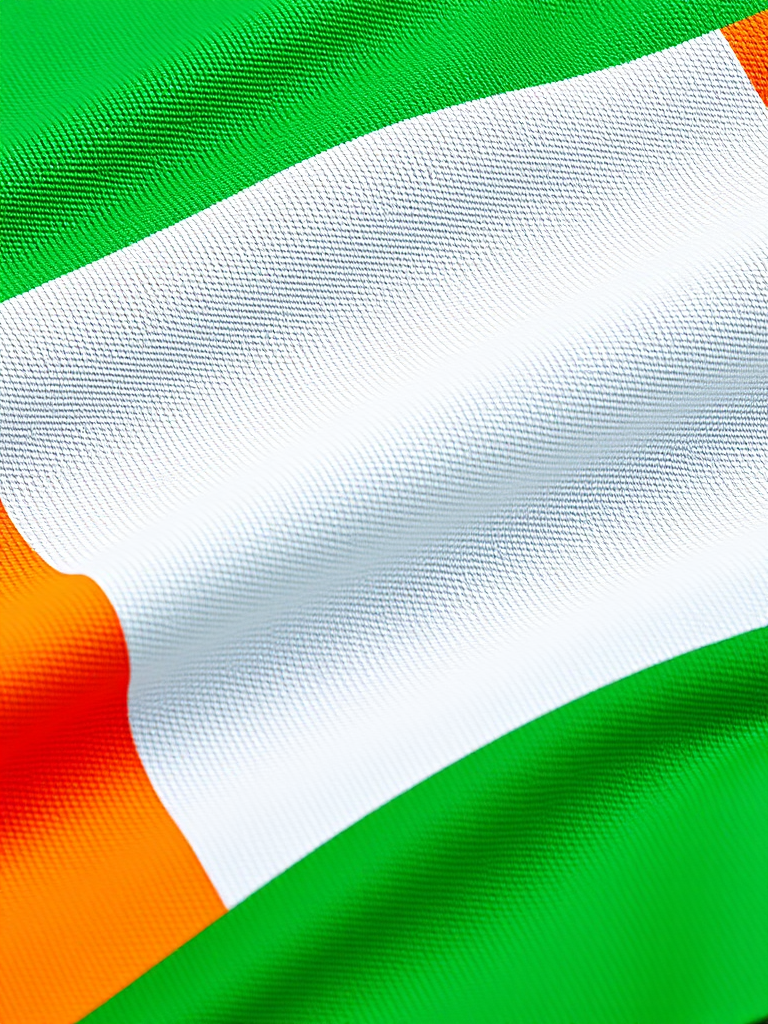 Create a high-resolution image of the Irish flag with textured fabric details, captured using a DSLR camera at 50mm focal length, aperture f/2.8, ISO 100, natural lighting, and a slight angle to enhance depth.