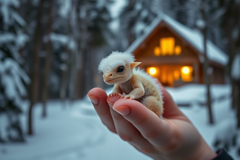 A cute, fluffy dragon hatchling being held in a person's hand, with a snowy forest background and a warm cabin lit in the distance, soft focus, shallow depth of field, ISO 100, f/2.8, 50mm lens, natural light, DSLR style, high-resolution capture.