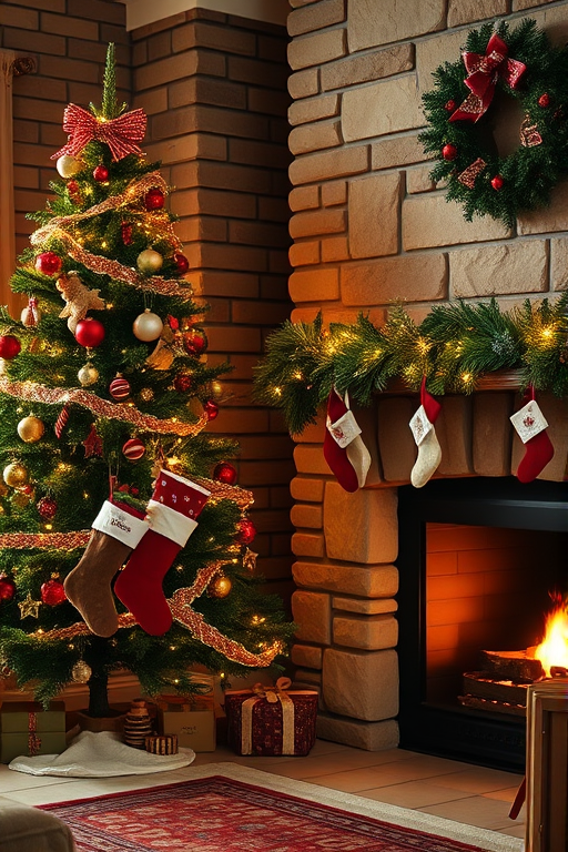Create a cozy holiday scene featuring a decorated Christmas tree next to a stone fireplace with stockings hanging and a gentle fire burning, using a Canon EOS 5D Mark IV with a 50mm f/1.8 lens, aperture set to f/4, ISO 100, soft natural lighting, and a slightly elevated angle to capture both the tree and fireplace in a warm atmosphere.