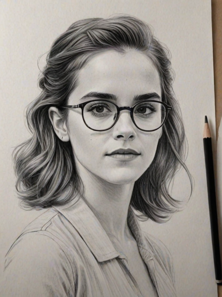 Fascinating Emma Watson, pencil sketch, portrait of Sublime woman 1947s in glasses, hair style beatnik, outline, clear lines, fine lines, 8k