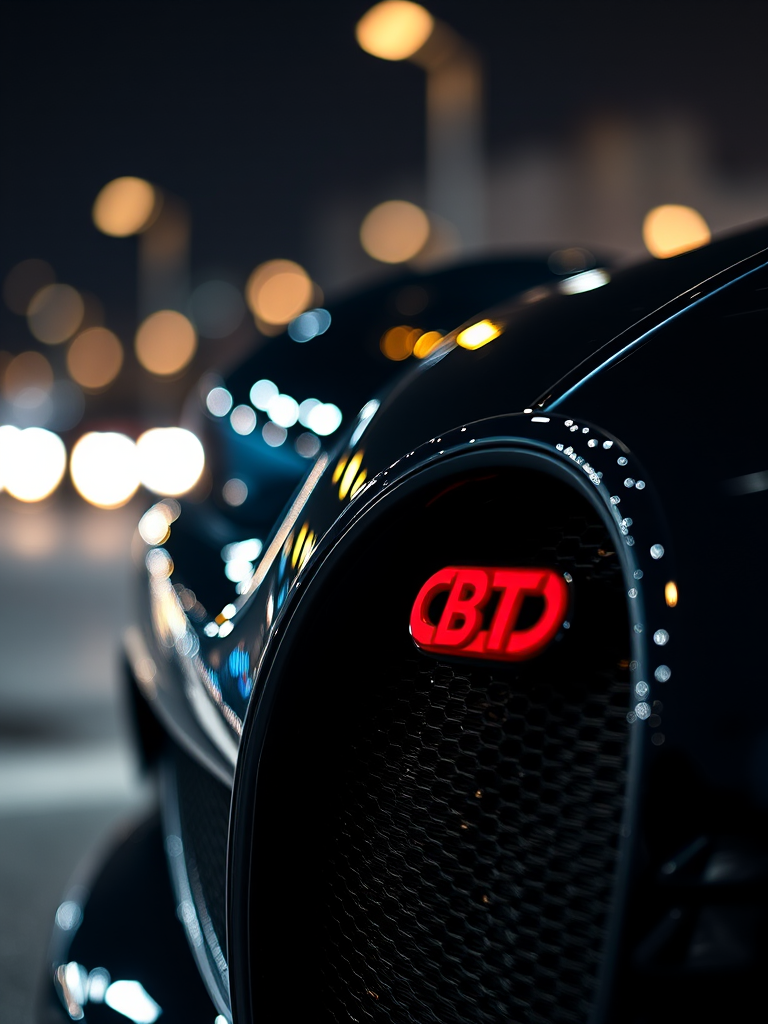 capture a close-up shot of a Bugatti grill at night with bokeh lights in the background, using a Canon EOS R5 with a 50mm f/1.2 lens, aperture set to f/1.2 for shallow depth of field, ISO 100 for low noise, and a shutter speed of 1/200s for crisp details
