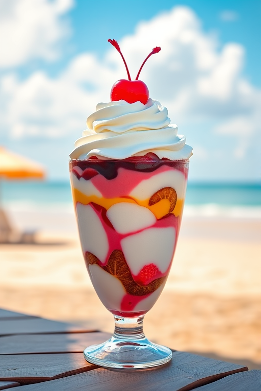 Create a vibrant digital illustration of a large sundae parfait topped with whipped cream and a cherry, placed on a wooden table on a sunny beach with clear blue skies and fluffy clouds in the background, using a Canon EOS R5 with a 50mm f/1.2 lens, aperture set to f/4 for depth of field, and ISO 100 for optimal clarity.