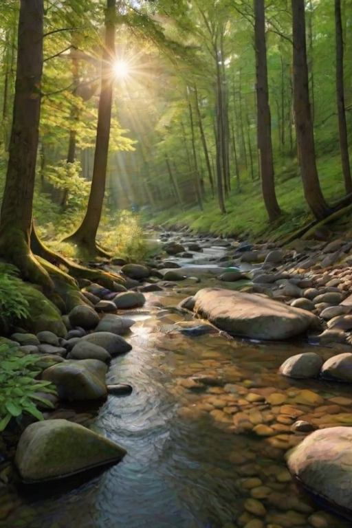 Create an image of a serene, sunlit forest scene with a clear, gently flowing river. Tall trees with lush green foliage line both sides of the river, their leaves bathed in the warm golden light of the setting or rising sun. The sunlight filters through the trees, casting soft, dappled light on the river, which flows over smooth rocks and pebbles, creating a peaceful, natural atmosphere. The sky is bright with a few scattered clouds, and the overall mood is tranquil, evoking a deep sense of connection with nature. The image captures the beauty of a calm, pristine forest landscape at either dawn or dusk.