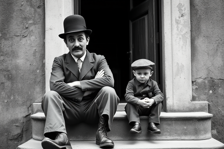 A black-and-white photograph of a man and a child sitting on steps in front of a doorway. The man is dressed as a tramp with a bowler hat, mustache, and ragged clothes, reminiscent of Charlie Chaplin's iconic look. He is sitting with his arms crossed and an expression of slight sadness or frustration. Next to him is a young boy, also in worn clothes and a cap, sitting with his hands clasped, looking thoughtful. The background is an old, textured wall and a partially open door, creating a vintage, early 20th-century atmosphere.