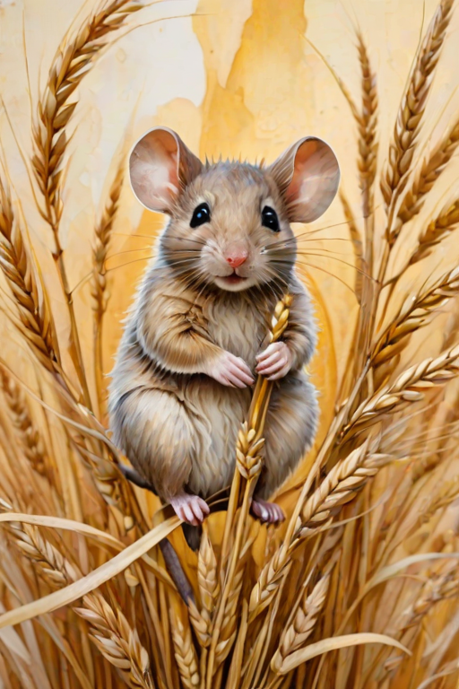 Soft, muted Alcohol Ink with ebru effect background image of tiny whimsical mousey, who climbed high on the top of a golden rye ear.