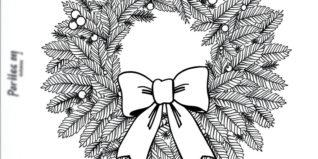 Create a detailed line drawing of a Christmas wreath with a bow, using a 50mm lens, f/2.8 aperture, ISO 100, shot in natural light, with a shallow depth of field to enhance textures and details in the foliage.