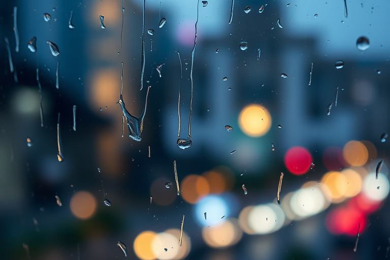 High-resolution close-up of a raindrop sliding down a windowpane, soft focus on the blurred city lights outside, with tiny streaks of water reflecting the ambient glow.