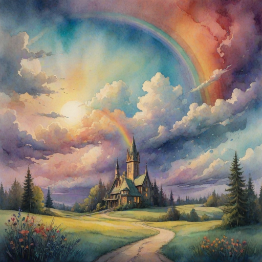 A whimsical and surreal sky with a vibrant rainbow, featuring dramatic lighting effects and a textured watercolor background, with a touch of gothic aesthetic.