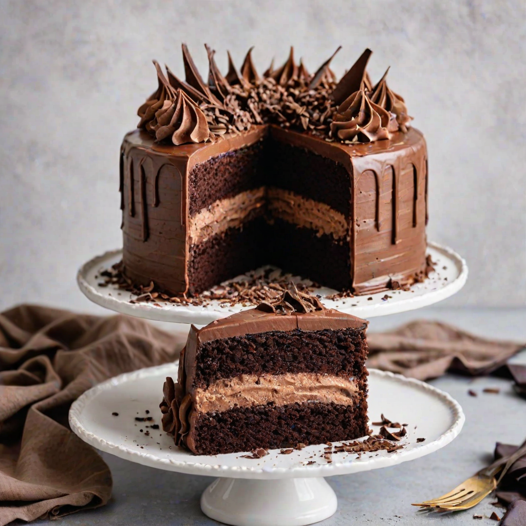 Generate an image of a multi-layered chocolate cake with rich chocolate frosting and chocolate shavings on the sides. The cake should have a slice cut out, revealing layers of chocolate and vanilla filling. Place the cake on a white cake stand with a clean, simple background.
