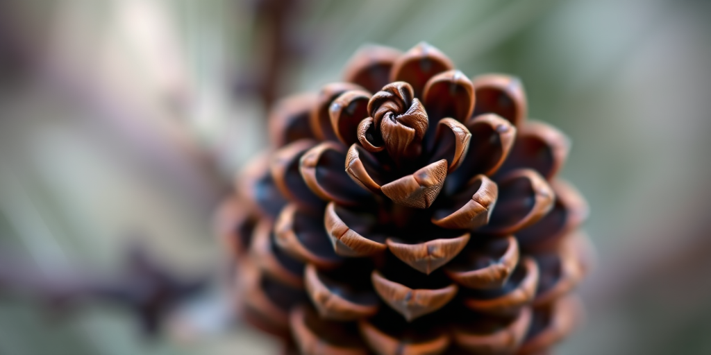Generate a highly detailed close-up of a pine cone on a soft-focus background, shot with a DSLR camera using a 50mm lens at f/1.8, ISO 100, and a shutter speed of 1/200s.