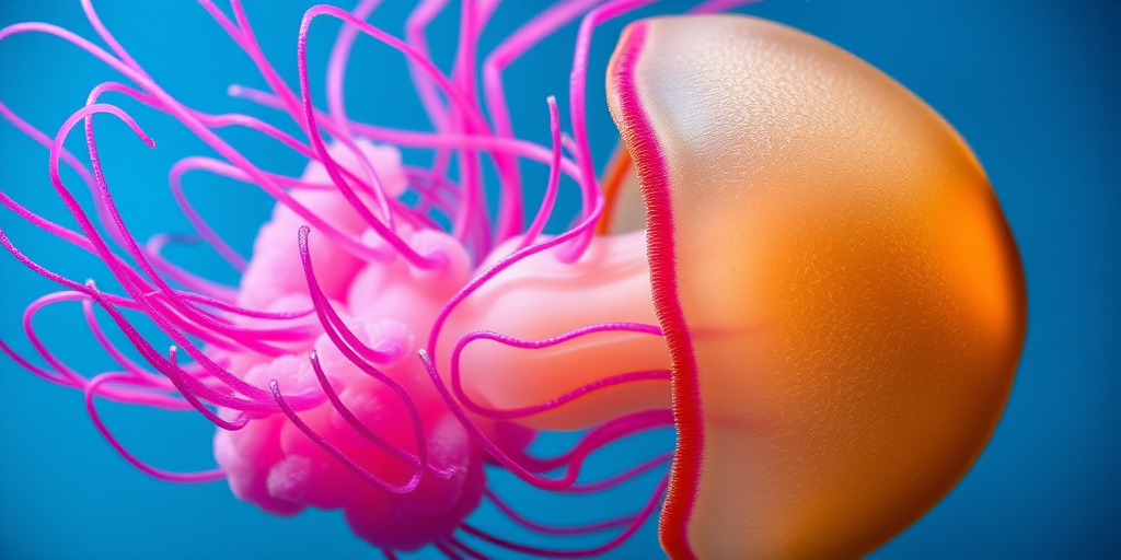 Create a detailed illustration of a jellyfish with vibrant pink tentacles and a textured tan bell, captured with a DSLR camera at f/8 aperture, 200mm lens, in a macro view, using soft lighting to enhance color depth and clarity.