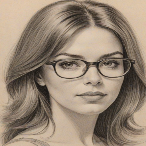 Appealing Amy Pietz, pencil sketch, portrait of Alluring woman 1969s in glasses, hair style beatnik, outline, clear lines, fine lines, 8k