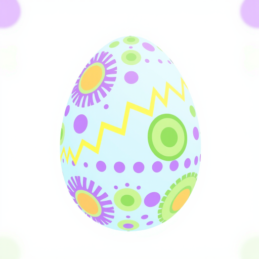 Create a vibrant Easter egg illustration with pastel blue background, intricate patterns including purple dots, yellow zigzags, and green circles, using a high-resolution digital format, shot with a Canon EOS R5, aperture f/4, ISO 100, 50mm lens, in a soft focus style for a smooth finish.