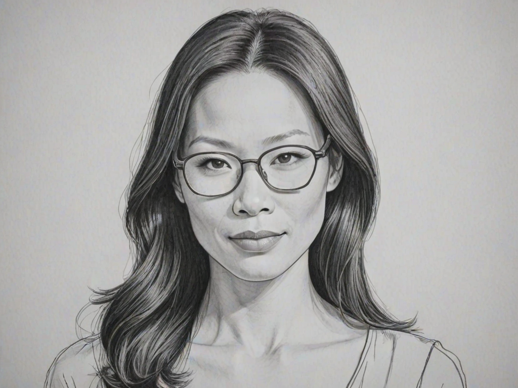 Resplendent Lucy Liu, pencil sketch, portrait of Attractive woman 1972s in glasses, hair style beatnik, outline, clear lines, fine lines, 8k