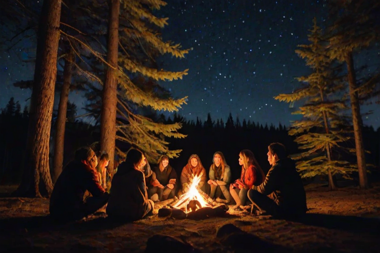 Group of friends gathered around a campfire under a starlit sky, roasting marshmallows, sharing stories, and wrapped in cozy blankets, with trees silhouetted against the glowing embers.