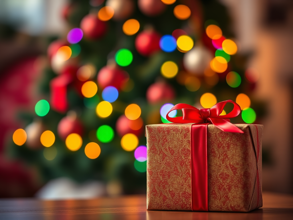 A beautifully wrapped gift box with a red ribbon in the foreground, softly focused with a vibrant Christmas tree and colorful bokeh lights in the background, captured with a Canon EOS 5D Mark IV, 50mm lens, f/1.8 aperture, ISO 200, 1/60 sec shutter speed, shallow depth of field, warm lighting.