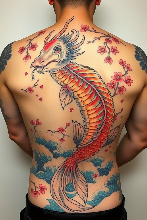 Japanese-inspired irezumi tattoo of a koi fish transforming into a dragon, flowing across the entire back, with waves and cherry blossoms in traditional colors