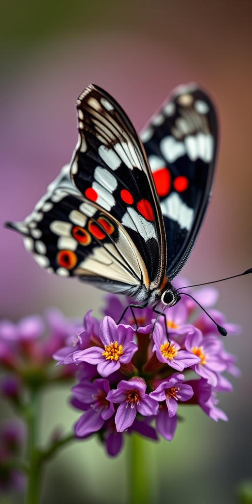 close-up of a black and white butterfly with red spots perched on purple flowers, vibrant colors, soft focus background, macro lens, aperture f/2.8, ISO 100, 100mm macro lens, natural light, high dynamic range photography