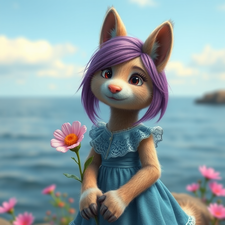 realistic, purple hair,  looking at viewer, no_nose, furry, flower, outdoors, sea, lace-trimmed blue dress, clothed_animal, pawpads, furrification,