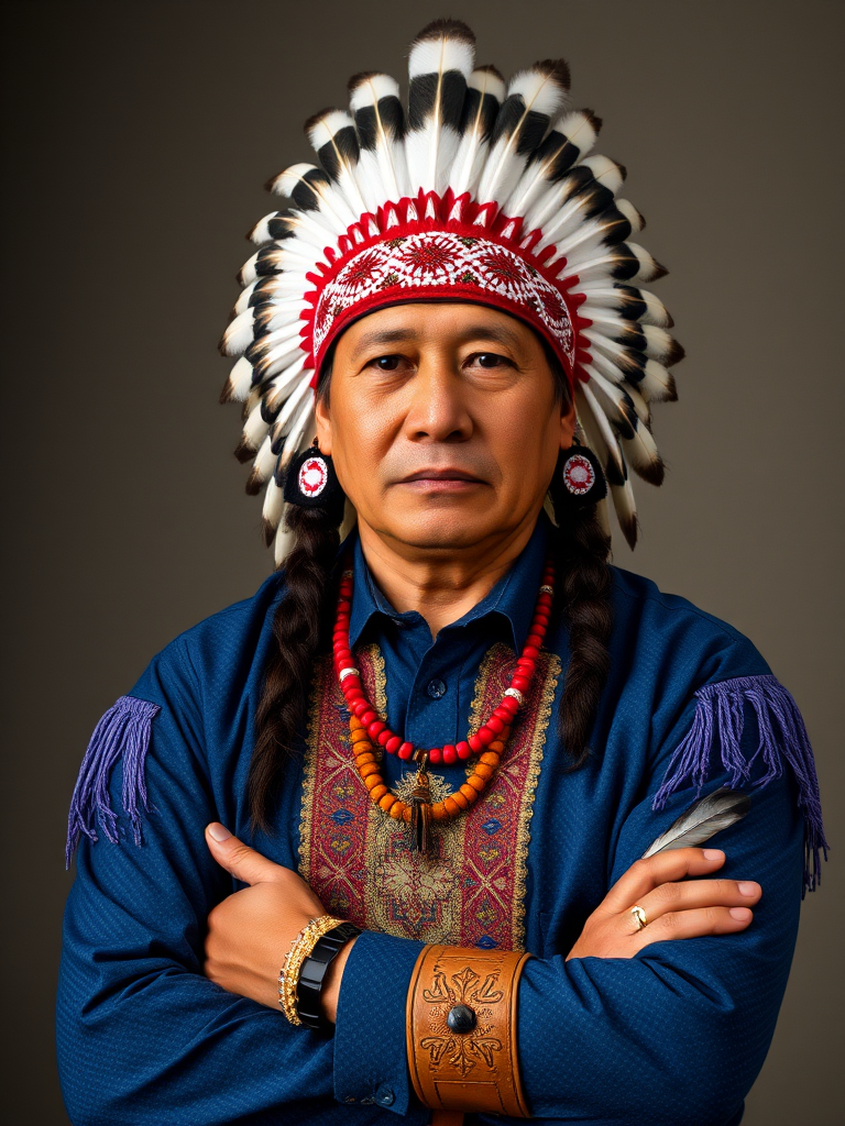 Create a dignified portrait of a Native American man dressed in traditional attire. He wears a beautifully crafted headdress adorned with white feathers and red beads, along with a beaded headband featuring intricate patterns. His clothing includes a deep blue, patterned shirt and a traditional chest piece with detailed beadwork. His arms are crossed, displaying leather armbands decorated with feathers. The background is simple and neutral, emphasizing his proud and stoic expression. The overall image captures the rich cultural heritage and strength of his persona.