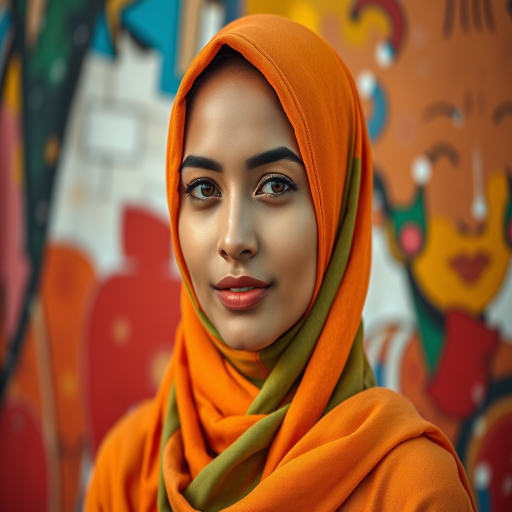 portrait of a woman in a vibrant orange and green hijab against a colorful abstract background, captured with a Canon EOS R5 at 50mm f/1.2, ISO 100, shutter speed 1/200s, soft natural lighting, high contrast and vivid colors