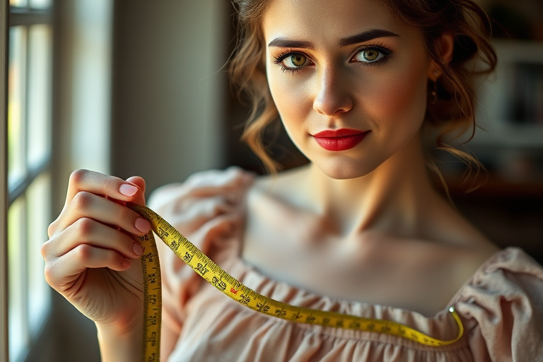portrait of a woman in a vintage dress holding a measuring tape, soft natural lighting, depth of field, 50mm lens, f/1.8, ISO 100, shot from eye level with a shallow focus for clarity.
