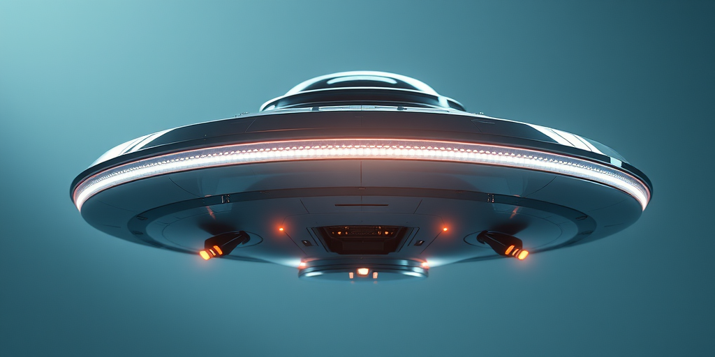 Create a highly detailed 3D rendering of a futuristic flying saucer with sleek metallic surfaces and bright lights, using a Canon EOS R5 camera with an aperture of f/2.8, ISO 100, shutter speed 1/250s, shot from a low angle perspective for dramatic effect, in a studio setting with controlled lighting to enhance reflections and shadows.
