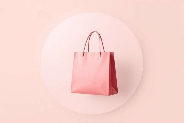 Create a high-resolution vector graphic of a shopping bag within a circular gradient background, using a Canon EOS R5 camera, 50mm lens, f/1.8 aperture, ISO 100, and a soft focus style for an elegant look.