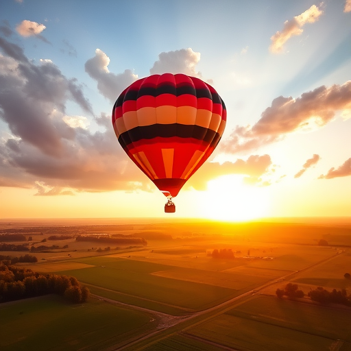 Capture a vibrant hot air balloon soaring above lush green fields at sunset, with dramatic clouds illuminated by warm sunlight, using a Canon EOS R5, 24mm lens, f/8, ISO 100, at sunrise, aerial view, high dynamic range photography.