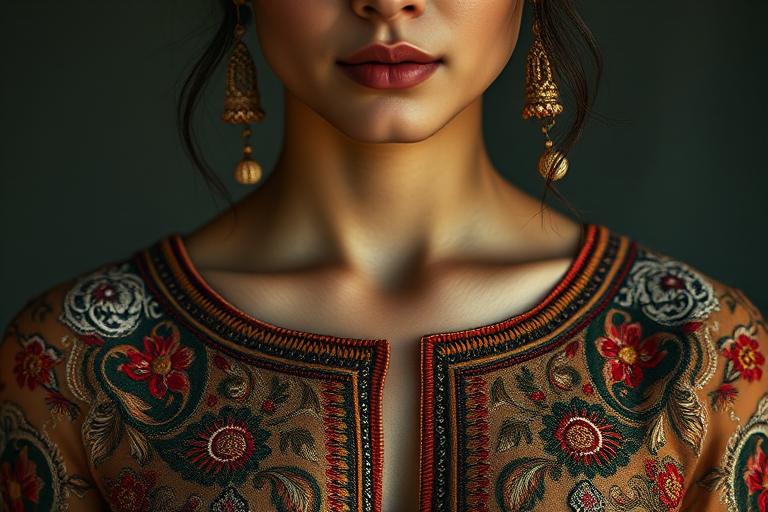 Face, shoulders, chest covered in openwork Pakistani embroidery. Raw, unedited image.